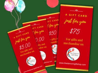 Our prepaid gift cards for our dance- themed store.