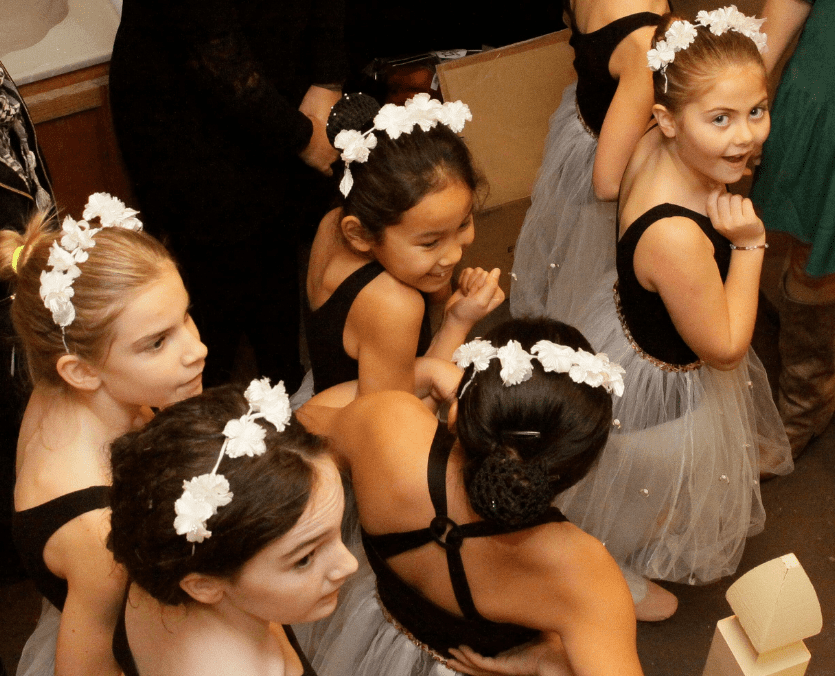 Children's ballet class about to enter and perform on stage.