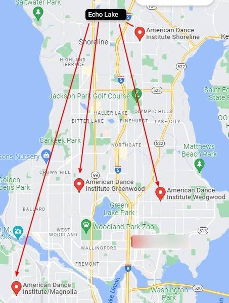 American-Dance-Institute-Google-Maps-Echo-Lake Relationship of the Echo Lake, Shoreline neighborhood to American Dance Institute's dance studios in Greenwood, Wedgwood, Magnolia and Shoreline, WA.