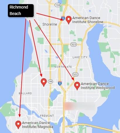 American-Dance-Institute-Google-Maps-Richmond-Beach Relationship of the Richmond Beach, Shoreline neighborhood to American Dance Institute's dance studios in Greenwood, Wedgwood, Magnolia and Shoreline, WA.