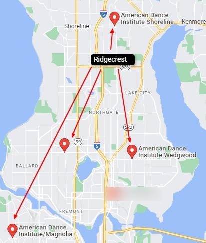 Relationship of the Ridgecrest, Shoreline neighborhood to American Dance Institute's dance studios in Greenwood,  Wedgwood, Magnolia and Shoreline, WA.