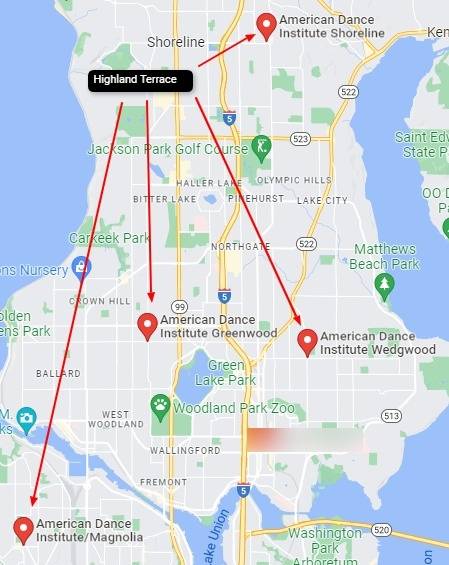 American-Dance-Institute-Google-Maps-highland-terrace Relationship of Highland Terrace, Shoreline neighborhood to American Dance Institute dance studios in Greenwood, Wedgwood, Magnolia and Shoreline, WA.