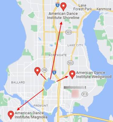 American-Dance-Institute-Green Lake Map Green Lake neighborhood and surrounding american Dance Institute dance schools.