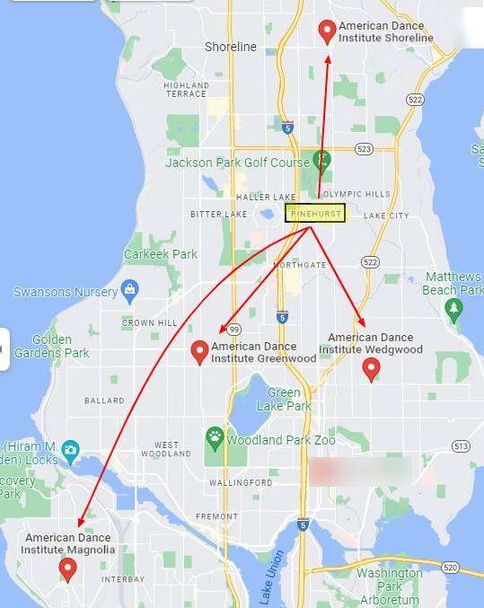 The proximity of Seattle's Pinehurst neighborhood to the American Dance Institute Wedgwood