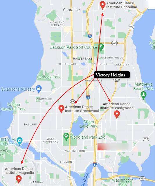 The proximity of Seattle's Victory Heights neighborhood to the American Dance Institute Wedgwood