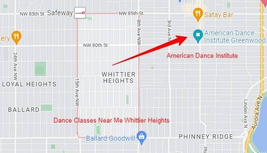 Whittier Heights in relation to the American Dance Institute Greenwood