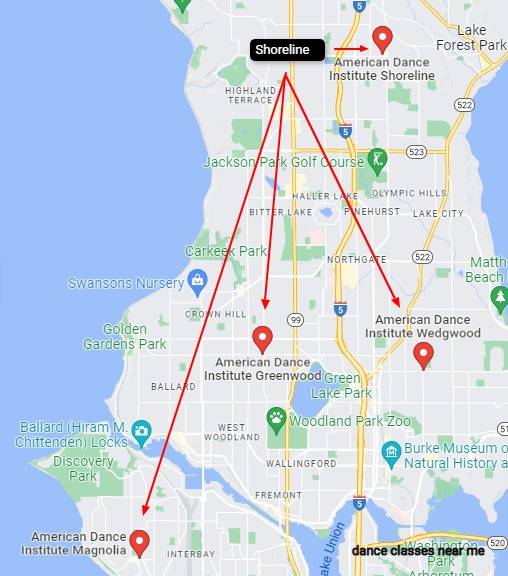 The city of Shoreline and proximity to American Dance Institute Map showing American Dance Institute dance schools to Shoreline WA