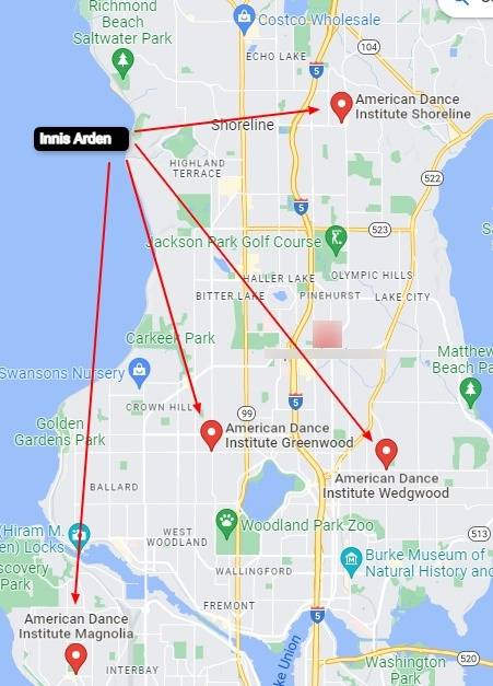 american-dance-institute-Innis-Arden (1) Maps showing Innis Arden and the proximity of four American Dance Institute dance studios.