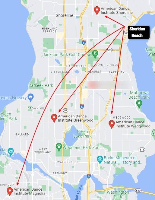 Proximity of four American Dance Institute School locations to Sheridan Beach, Shoreline, WA.