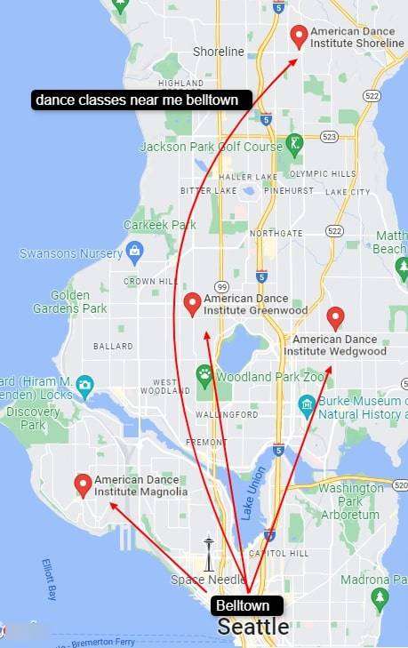 A proximity map showing Belltown and American Dance Institute dance studios A proximity map showing Belltown and American Dance Institute dance studios
