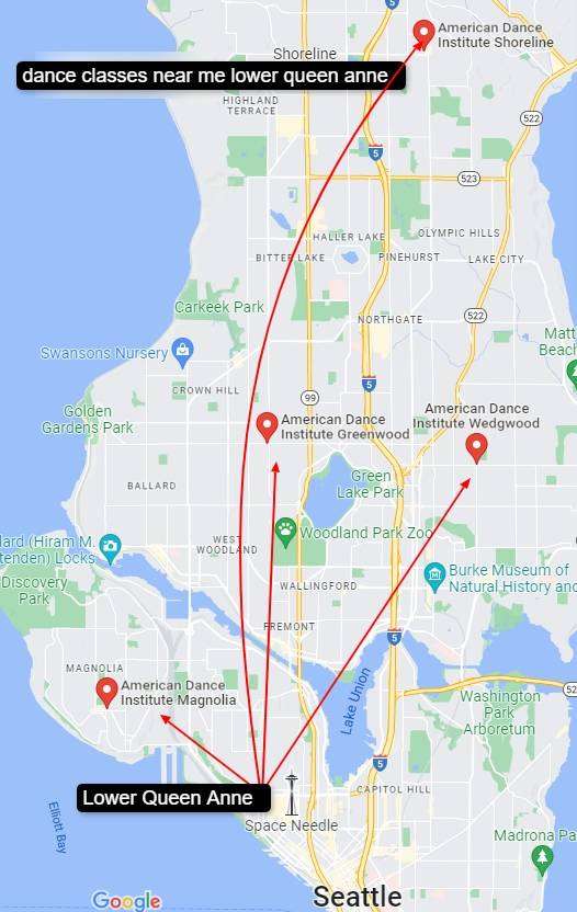Map showing proximity of Lower Queen Anne and the American Dance Institute Studios