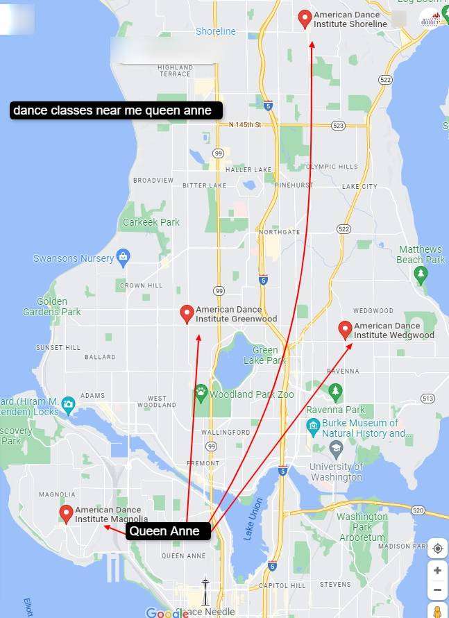 Map showing Queen Anne proximity to American Dance Institute dance studios. Map showing Queen Anne proximity to American Dance Institute dance studios.