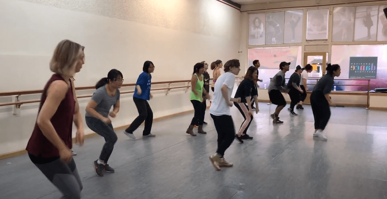 Adult-Beginner-Hip-Hop-Dance-Classes-YouTube Adult hip hop dance students in class at the American Dance Institute, Seattle