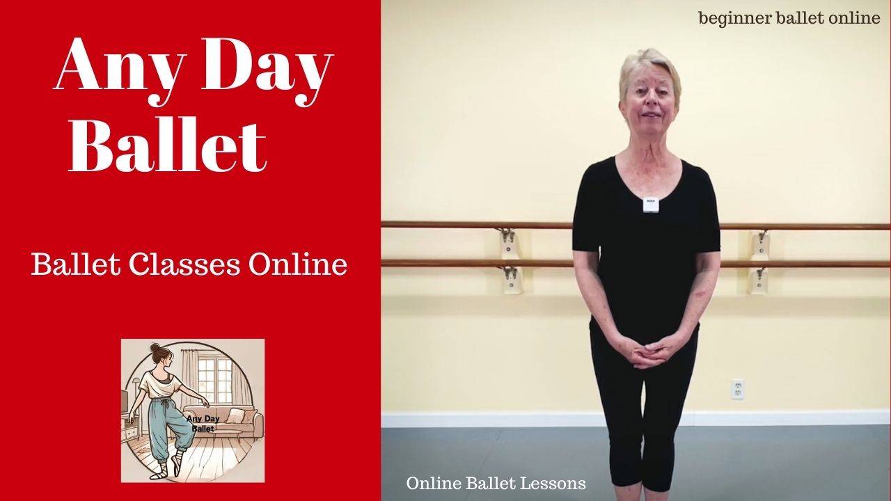 Online Ballet for Adult Beginners – Practice at Home Adult woman practicing ballet at home using a chair as a barre, from the Any Day Ballet online course.