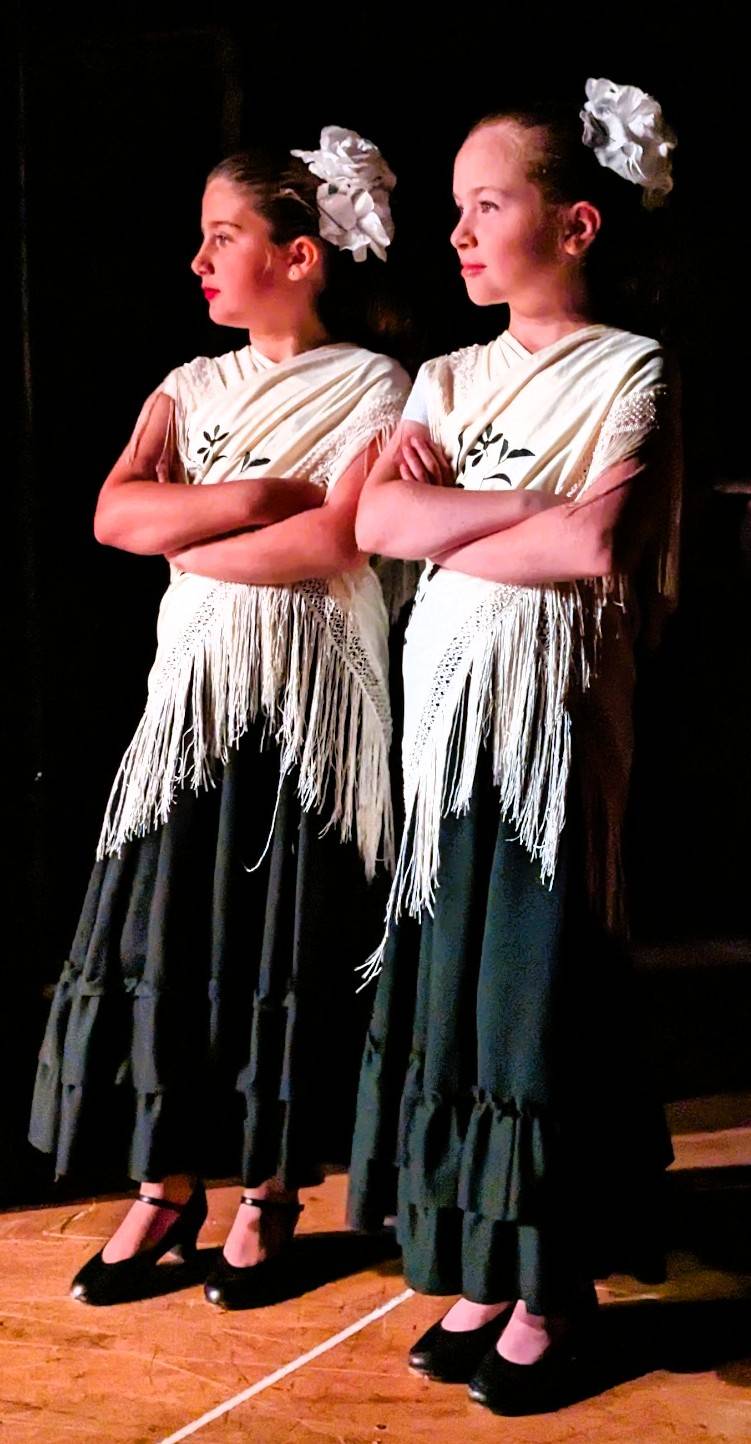 NilaMapleADIrecital2023edit1 ADI flamenco dance students, Nila and Maple backstage before performing
